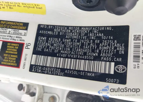 2015 Toyota Camry Le из США, поврежденный, VIN 4T4BF1FK8FR449550